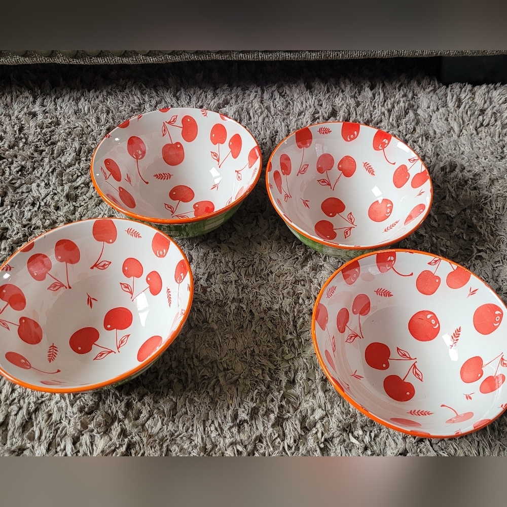 Cherry Print Ceramic Bowl - White with Red Cherries New Set Of 4 - Picture 4 of 6